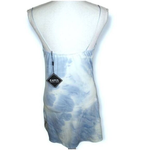 ZAFUL BLUE & WHITE TIE DYE SIDE SLITS COWL NECK CAMI MINI DRESS SZ.M NWT. - Picture 6 of 9